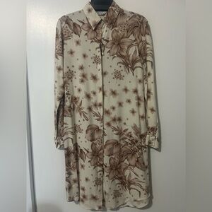 Floral Beige Cream Brown Blouse Dress Shirt size M